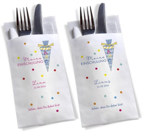 Bestecktasche Motiv Schultüte blau pink, 10 Stück, personalisierbar | Einschulung, Schulanfang