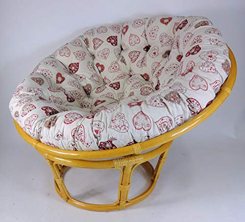 Rattan Papasansessel,Papasan Durchmesser 110 cm, Fb. Honig, Polster Mirha Leinen Herz