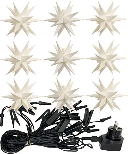 STEINFIGURENWELT GIEBEN 3D LED 9 Sterne 12cm Sternenkette Lichterkette mit Sternen Weihnachtsstern Außenstern wetterfest für außen und innen 13m Kabel von Dekowelt (Weiß)