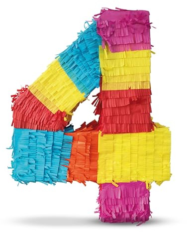 Party Factory – Pinata Geburtstagsdeko für Kinder zum Befüllen & aufhängen – Bunte Schlag-Piñata als Party Deko in 50x35x8 cm für Kindergeburtstag & Mottopartys – Partyspiel Pinjata mit der Zahl 4
