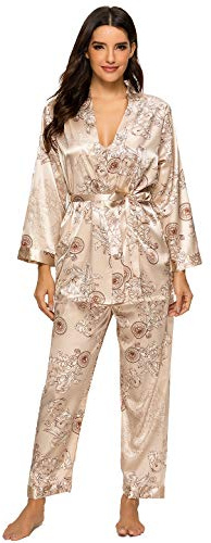 Escalier Damen Seidensatin Pyjama Set 3 Stück Floral Silky Pj Sets Nachtwäsche Cami Nachtwäsche mit Robe und Hose, Camel, XL
