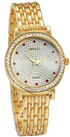 JewelryWe Armbanduhr Damen mit Roten Strass, Quarz Analog Uhr für Frauen Männer Muttertag Gold