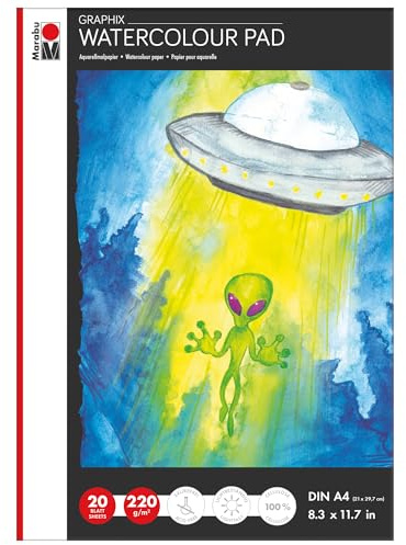 Marabu Graphix Watercolour Pad, Aquarellblock DIN A4, 20 Blatt 220 g/m², naturweiß, fein gekörnt, matt, säurefrei und alterungsbeständig, für alle Aquarelltechniken, 1612000000400