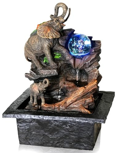 GEEZY Indoor Water Features with LED Lights - Elephant and Glass Ball Design - Easy Assembly, Mains Powered, Table Top - Suitable Indoor Water Fountain for Home Decor and Office Desks