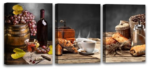 Acocifi Kunstdruck auf Leinwand, Motiv: Kaffee und Rotwein, Vintage-Bauernhaus-Bilder, Brot, Trauben, Obstdrucke, Kunstwerk, gerahmt für Esszimmer, Bar, Zuhause, Wanddekoration, 30,5 x 40,6 x 7,6 cm