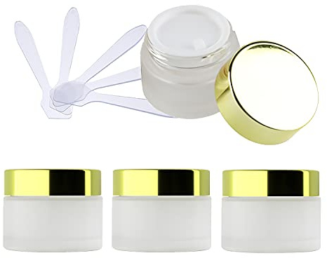 ZEOABSY 4 Stück Leere Matt Transparent Glas Cremedose 15ml mit Gold Deckel, Klarglas Schraubdeckel Glas-Tiegel Schraubdose Glas-Dose Salbentiegel Kosmetik-Dose für Gels Cremes + 4X Spatel
