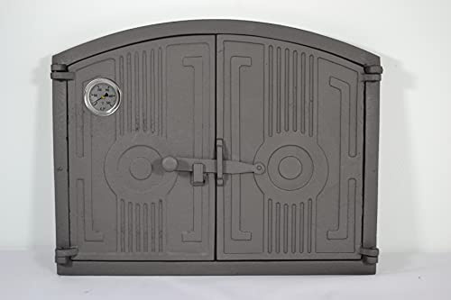 SEZAM leichte Doppeltür für Backöfen aus Gusseisen mit Thermometer 500 °C - mit Türriegel, halbrund, Pizzaofentür - Brotofen - Steinofentür, 48 x 3 x 38 cm, grafitfarben bemalt