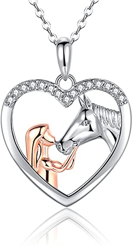 USEEDOVIA Pferde Mädchen Geschenke Pferd Kette Herz Sterling Silber Halskette mit Anhänger Rose Vergoldet Zirkonia Steine Schmuck Kleine Geschenke zum Schulanfang für Mädchen