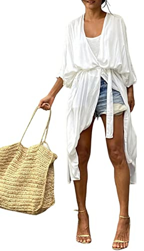 Bsubseach Frauen Lange Strand Badeanzug Cover Ups für Bademode Sexy Bikini Strand Kimono Strickjacke Weiß