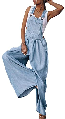 loveimgs Women's Casual Ripped Adjustable Denim Overalls Baggy Wide Leg Bib Pants Palazzo Jumpsuit (Large, Light blue)