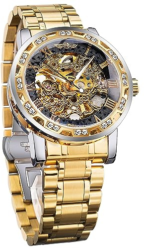 Winner Reloj de pulsera mecánico mecánico retro con diamante tallado para hombre, esqueleto clásico, números romanos