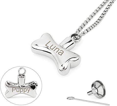 TONYFY Personalisierte Pet Souvenir Urne Anhänger, Custom graviert Hundenamen, Mini Carry-on Hundeknochen geformt Anhänger, Schlüsselanhänger/Halskette Schmuck für Hunde & Katzen verwendet Werden