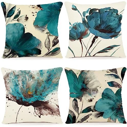 ZWJD Blumen Kissenbezug 45x45 4er Set Outdoor Kissen Dekokissen Leinen Kissenhülle Kissenbezüge Moderne Abstrakte Blumen Kissenhüllen für Sofa Wohnzimmer Zierkissen 45x45 A203-18