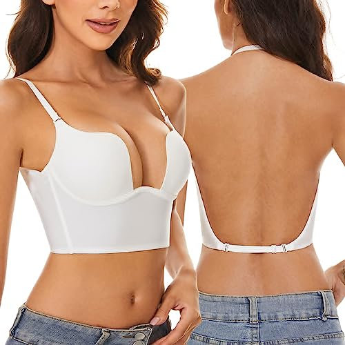 Angxiwan Women Low Back Bras Convertible Push Up Deep Plunge Bra Seamless U Shape Back Multiway Padded Backless Bra Plunge Bralette for Front Low Cut Dress White