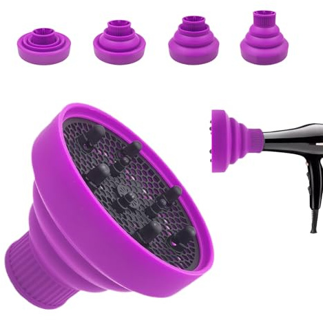 JOIYHY Diffusore in Silicone, Diffusore Capelli Ricci, Diffusore Portatile Capelli Ricci, Adattabile a Asciugacapelli con DIAMETRO 4.2-4.8cm, Pieghevole e riutilizzabile (Viola)