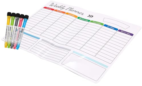 POFET Magnetisk veckoplanerare, whiteboard, kylskåp att göra-lista, magnet, matplanerare och inköpslista, vit planerare, familjeplanerare, anteckningsskiva med 5 torra avtorkningsbara pennor (A3)