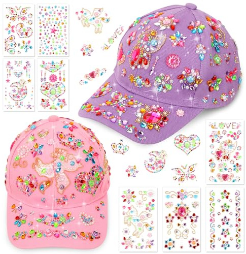 Jupsk Kids Baseball Cap Set, Solid Color Sun Hat with Unicorn Crystal Diamond Stickers, Arts and Crafts Children's Day Gifts Party Favors for Girls Multicolour
