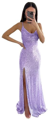 KURFACE Vestido de graduación brillante de talla grande para mujer, para invitada de boda, con lentejuelas brillantes, vestido largo WSX487, Lila, 48