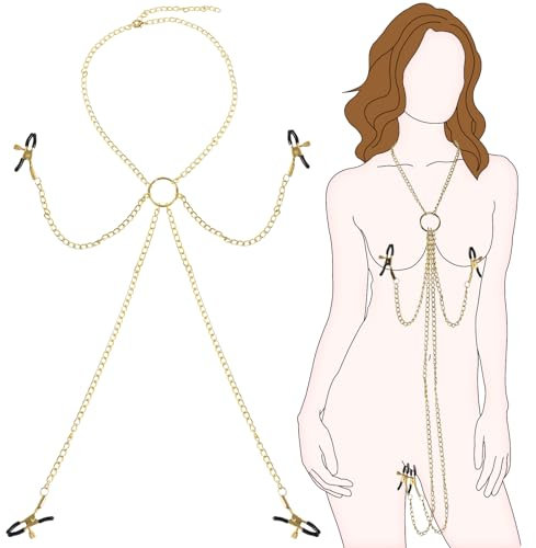 BDSM Nippelklemmen Brustwarzen Nipple Clamps Muschiklemme Einstellbare Halskette, BDSM Bondage Sex Toys, BDSMS Spielzeug Extrem für Frauen Paare Mann (Gold)