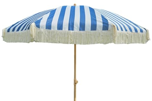 Meinposten Sonnenschirm Strandschirm Schirm BLAU weiß gesteift mit Fransen UV Schutz Ø 180 cm