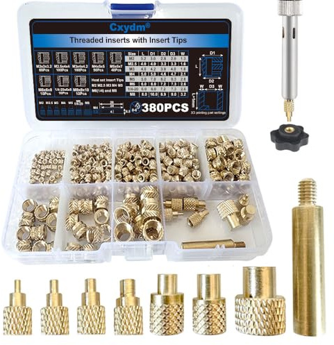 380pcs Thread Inserts with M2 M2.5 M3 M4 M5 M6(1/4) M8 Insert Tips for 3D Printing Components and Plastic Parts-Brass Metric Knurled Nuts …