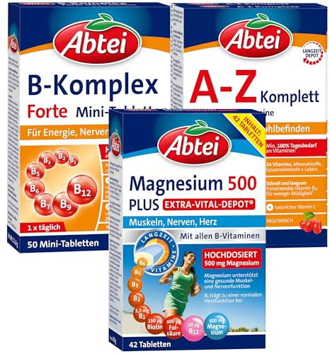 Abtei Vitamine & Mineralstoff Trio – 3er Set – Abtei A-Z Komplett, Abtei B-Komplex Forte, Abtei Magnesium 500 Plus – Für Wohlbefinden und Vitalität