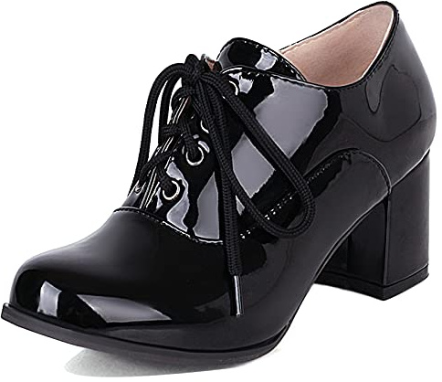 Gicoiz Lack Oxford Damen Chunky Heels Formal Arbeit Schuhe Schnüren Buro Klassische Runde Zehen Derby Pump Mode Schwarz Gr 42 EU-44Cn