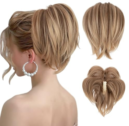 SEGOHAIR Claw Clip Short Ponytail Extension Messy Bun Hair Piece, Bendable Metal Wire Fake Bun Hair Pieces for Women-Fake Ponytail DIY Styles Hair Buns Hair Piece-Caramel Brown to Mousy blonde