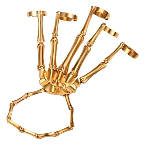 JewelryWe Skelett Hand Ringe Armband Halloween Skull Handknochen Armband Punk Gothic Skelettarmband mit verstellbar Ring Greifer-Schädel-Armband für Damen Herren Kinder Cosplay Party Kostüm