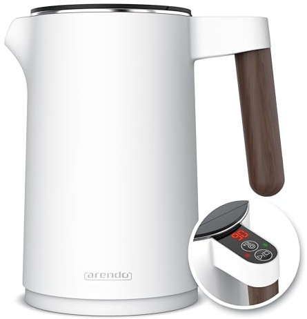 Arendo - Wasserkocher Edelstahl mit Temperatureinstellung - 45°C-100°C - 1.5 Liter - Doppelwand - BPA frei - Warmhaltefunktion - Teekocher mit Temperaturanzeige - Griff Cool Touch - weiß matt
