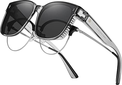 DUCO Fit über Sonnenbrille für Männer Frauen tragen über Brille Retro Wrap Around polarisierte Sonnenbrille UV400 Schutz (B-Transparent Rahmen Grau Linse)