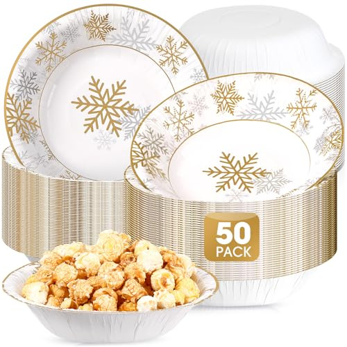 Sliner 50 Pcs 16 Oz Snowflake Disposable Paper Bowls Bulk Large Winter Serving Holiday Christmas Salad Bowls Winter Themed Disposable Ice Cream Cups for Snack Dinner Food Party Supplies (Gold)