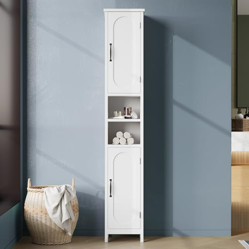 Hawkrown 67 Tall Bathroom Storage Cabinet with Lights, Slim Narrow Bathroom Cabinet Organizer with Doors and Adjustable Shelves, Tall Cabinet for Small Space (66.9 Tall-White with Light)