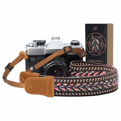 Padwa Lifestyle Speed Gray Camera Strap - 1.5 Soft Cotton Rope Weave Crazy Horse Cowhide Head Camera Straps for Photographers and All Cameras,Cute Adjustable Vintage Woven Strap for Adults & Kids