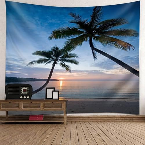 Mesnt Wandteppich Strand XXL 240x220, 240x220cm Kokosnussbaum Meer Strand Sonnenuntergang Ansicht Tapisserie Wandbehang für Wohnzimmer Schlafzimmer Wohnheim Wanddeko | Blau Grün Braun