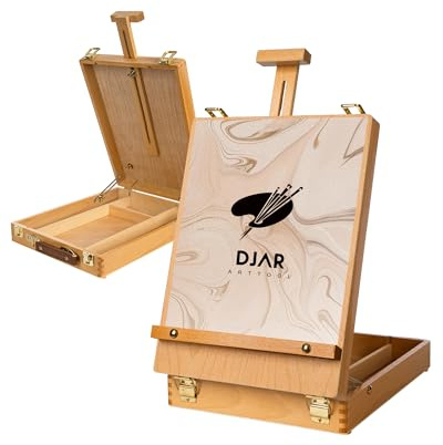 DJAR Tabletop Easel for Painting Canvas, Adjustable Sketchbox Desktop Easel, Art Supplies Storage Box for Adults, Artists and Students, Natural (sketchbox with Storage)