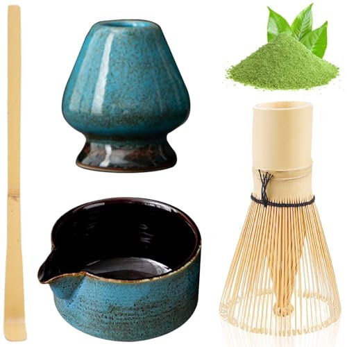 Lot de 4 balais à matcha comprenant un bol à matcha, un pinceau à thé, un support pour pinceaux à thé, une cuillère à café, un set de thé japonais, un kit manuel pour les amateurs de thé