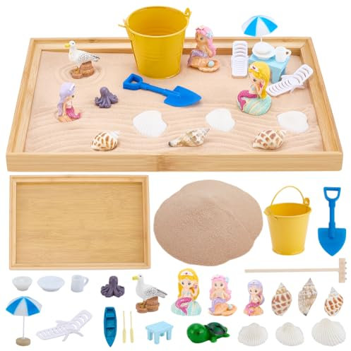 WEBEEDY Kit de Jardin Zen de Plage 28x19cm Kit de Décoration de Jardin de Sable Zen Japonais pour Le Bureau, la Maison et la Table,Kit de Décoration de Plateau de Sable de Plage pour Adulte,28x19cm