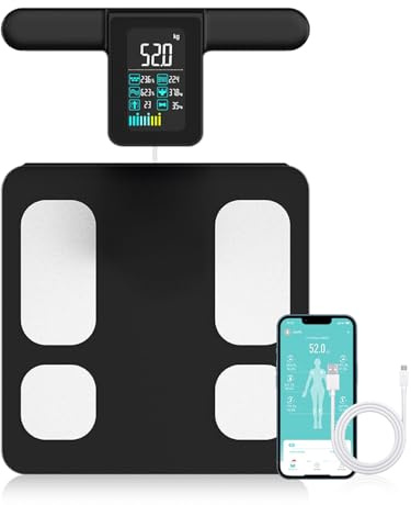 Fitdays Bilancia per peso corporeo e percentuale di grasso, 8 elettrodi bilancia digitale ad alta precisione per misurazione della composizione corporea BMI 20, bilancia intelligente da bagno con