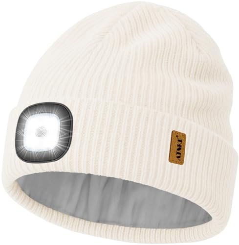 ATNKE LED Mütze mit Licht, USB Wiederaufladbare 4 LED Beleuchtete Laufmütze Freihändig Stirnlampe Winter Warm Strick Mütze mit Fleece Gefüttert Geschenke für Herren Väter und Damen