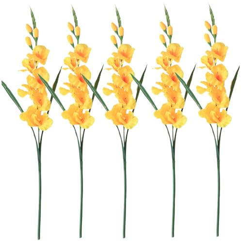 Jorzer Gladiolus Artificial Flowers 5Pcs 25.6 Long Stem Realistic Gladiolus with 3 Buds and 7 Blooms Low Maintenance Decorative Faux Greenery for Home Wedding, Yellow