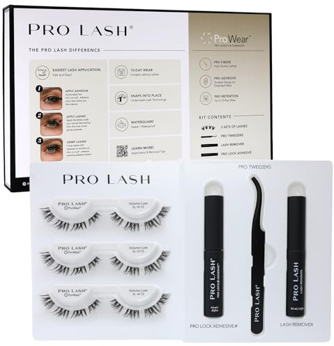 Pro Lash ProWear Starter Lash Clusters Kit - Easiest to Apply Lashes - 10-Day Cluster Eyelash Extensions - 3 Sets of False Eyelashes Plus Adhesive, Remover, Tweezers - Volume Luxe XL No. 12 - Black