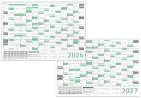 Green Wandkalender/Wandplaner 2026 + 2027 (gerollt) DIN A1 Format (594 x 841 mm) 14 Monate, komplette Jahresvorschau Folgejahr und Ferientermine Feiertage aller Bundesländer