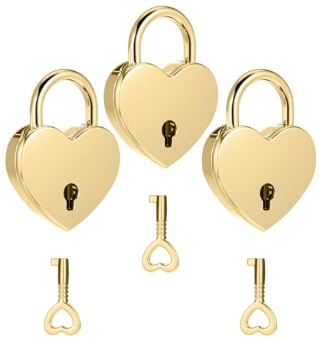 Lot de 3 mini cadenas en forme de cœur doré vintage avec clé en métal style archaize pour boîte à bijoux, agenda, livre, sac à main