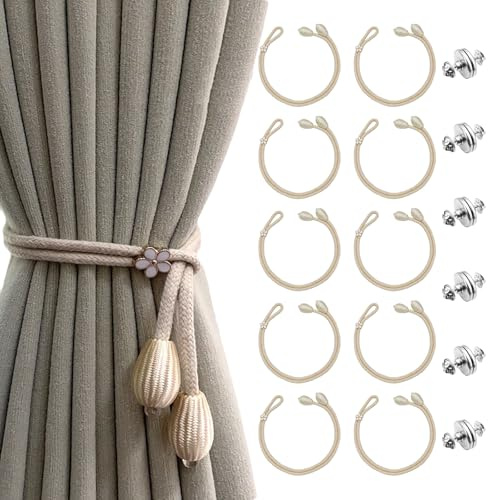 10PCS Raffhalter für Vorhänge, Vorhang Raffhalter + 6Paar Vorhang Verschluss Magnet, Gardinenhalter Verstellbare Vorhanghalter, Handgewebt Baumwolle Gardinen Raffhalter für Schlafzimmer Zuhause Büro