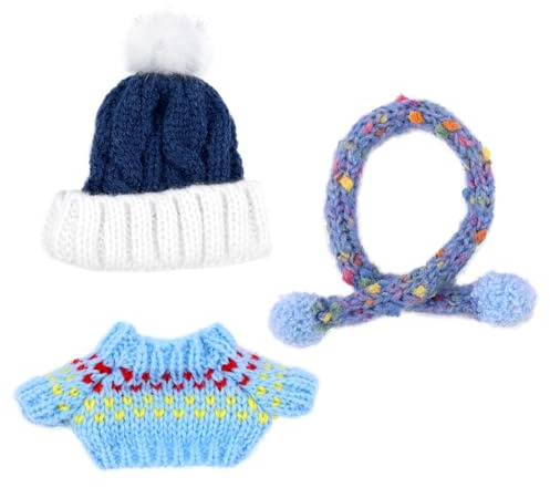 Lyreh 3stk 17cm Puppen Kleidungsset, Winterblau Sternenklar Gestricktes Puppenoutfit Umfasst Mütze Schal Pullover Süße Accessoires zur Dekoration von 17cm Spielzeugfiguren (Blau)