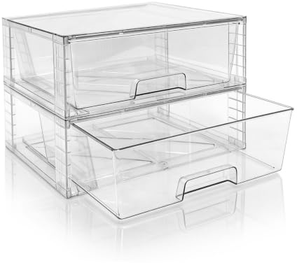 XWYWX 2 Cajones Apilables Grandes Anchos, Organizadores Acrílicos Transparentes para Baño, Armario y Debajo del Fregadero, Contenedores de Plástico para Cocina, Despensa y Medicinas