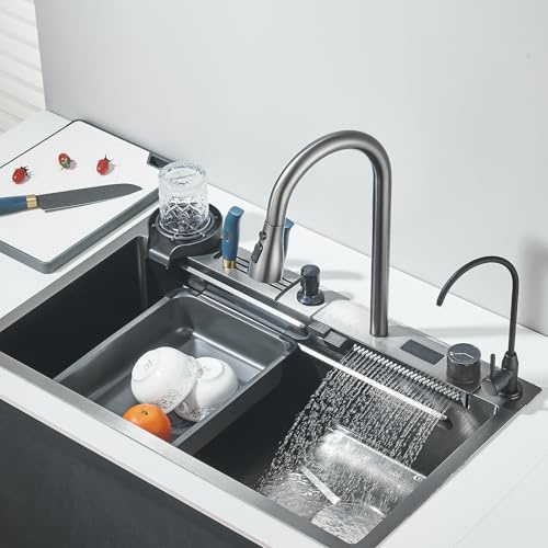 Evier Cuisine Multifonction avec Haute Pression Bec Extractible et Pure Rince Verr Automatique Gris Canon avec Egouttoir 1 Bac 75 * 45 * 22cm Inox