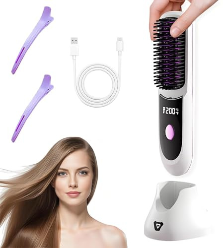 Go Brush Pro Hair Straightener,Cordless Hair Straightener Brush with Charging Base,4000mAh Fast Heating & Portable Travel Design,Rechargeable Heated Styling Brushes for Travel and Everyday Use(Wt-02)