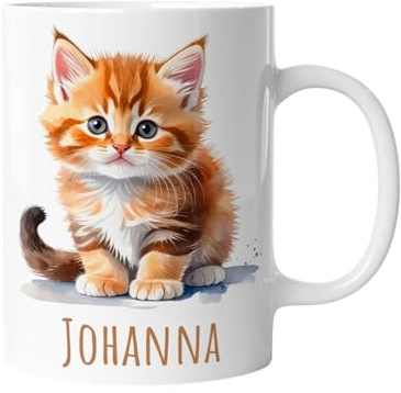 timalo Kindertasse mit Namen | Süße braune Katze | Personalisierte Keramik Tasse mit Tieren | für Kinder, Jungen & Mädchen – Geschenk, Geburtstagsgeschenk, Namensgeschenke, Kaffeetasse